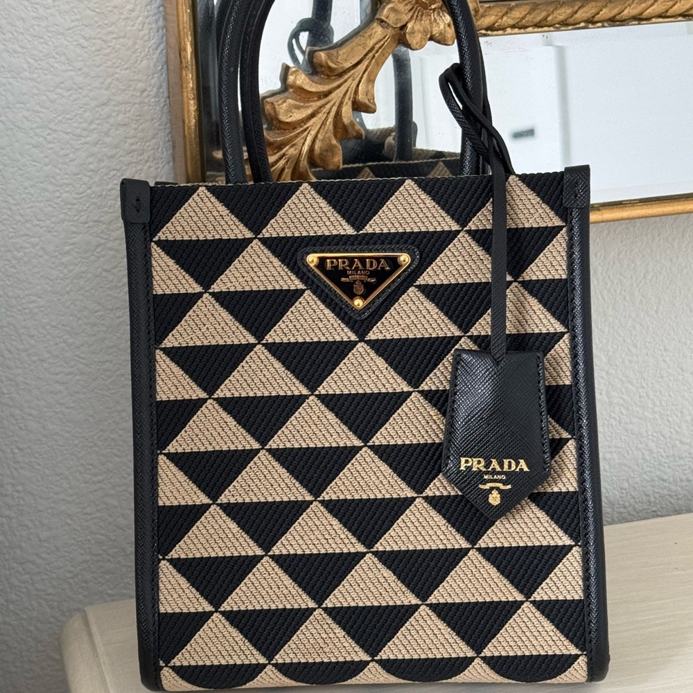 Prada Symbole Embroidered Fabric Mini Bag (Black/Beige)